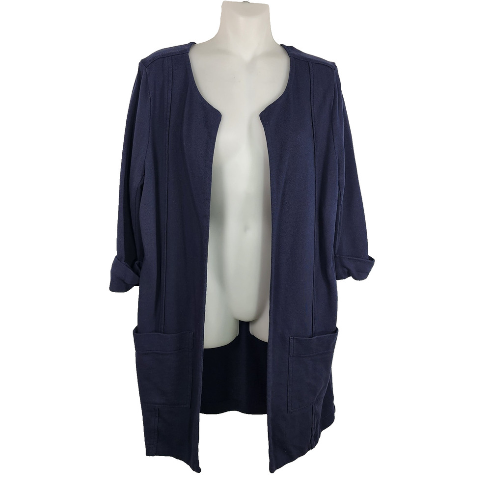 Garnet Hill Womens Open Front Cardigan Size M French Terry Blue Pockets Knit